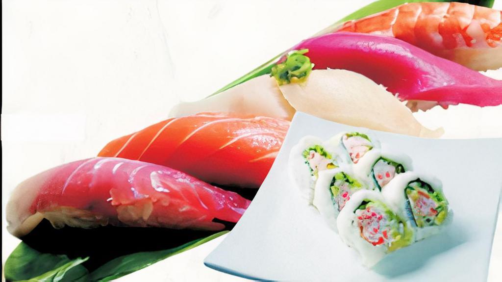 Love Combination A · California roll 8 pieces and sushi 4 pieces (chef choice fish) with salad.