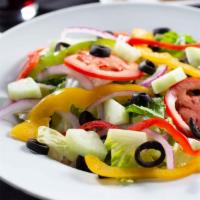 House Salad · Iceberg and Romaine mix , tomatoes, onions, bell peppers, cucumbers & black olives.