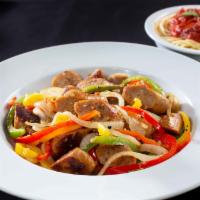Sausage & Peppers · Spicy Italian Sausage with a trio of bell peppers & onions served with spaghetti marinara