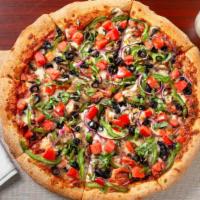 Vegetarian · Bell peppers, black olives, onions, mushrooms, diced tomatoes, fresh basil, Parmesan cheese.