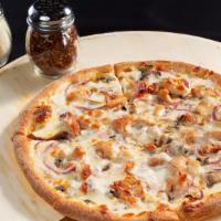 Chicken Alfredo Pizza · Alfredo Base, Fresh Garlic, Chicken, Mushrooms, Red Onions, Parmesan Cheese &  Extra Mozzare...