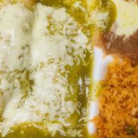 Cheese Enchiladas · Two enchiladas made with corn tortillas filled with cheese, topped with red sauce and Jack c...