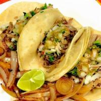 3 Regular Tacos · Choose between asada, pastor, carnitas, grilled chicken, shredded beef or chicken. Onion, ci...