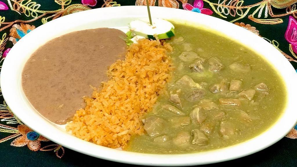 Chile Verde · Tender pork pieces in traditional green sauce. Plate includes rice, beans and choice of tortillas.