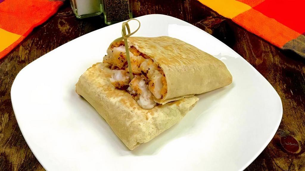 Shrimp Burrito · Grilled shrimp with rice, beans, sour cream and cheese inside lunch style burrito.