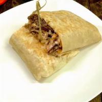 Carnitas Burrito · Shredded pork carnitas with rice, beans, sour cream and cheese inside lunch style burrito.