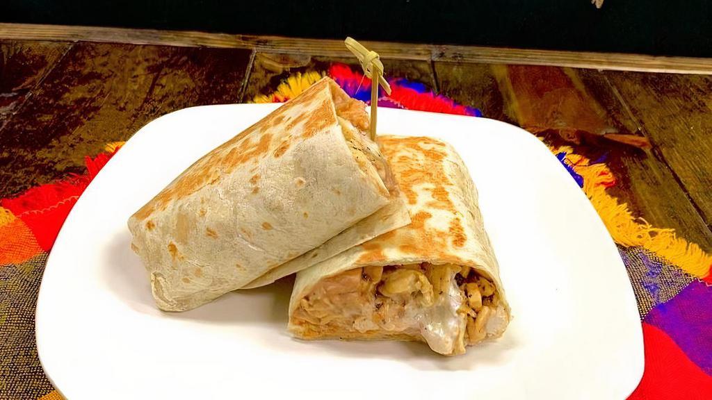 Grilled Chicken Burrito · Grilled chicken with rice, beans, sour cream and cheese inside lunch style burrito.