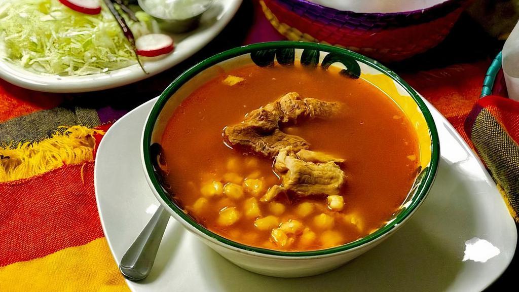 Pozole · Traditional soup served with hominy and tender pieces of pork.