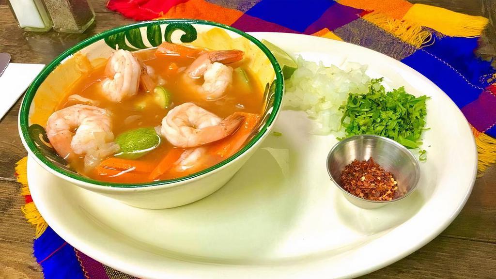 Shrimp Soup · Served in red vegetable broth, mixed vegetables and a hint of chipotle.