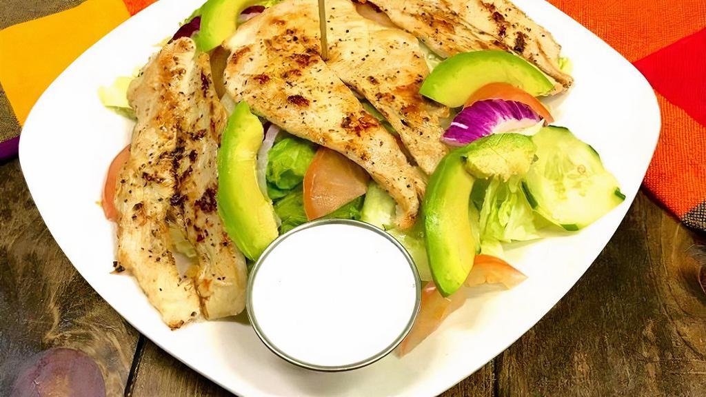 Chicken Salad · Grilled chicken salad includes tomato, onions, cucumber and avocado. ranch or cilantro dressing available.