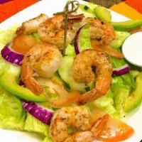 Shrimp Salad · Grilled Shrimp salad includes tomato, onions, cucumber and avocado. ranch or cilantro dressi...