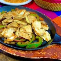 Grilled Chicken Fajitas · Grilled chicken pieces in a mix of grilled onions, bell peppers and shredded cheese. Served ...