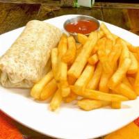 Kids Burrito · Choice of chicken or beef with rice, beans and cheese inside kids burrito. Plate includes ri...
