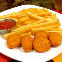 Chicken Nuggets · 4 chicken nugget pieces. Plate includes rice and beans or fries on the side.