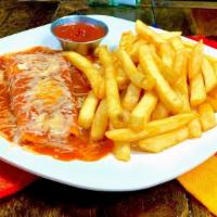 Kids Enchilada · One chicken, beef enchilada with red sauce and cheese. Plate includes rice and beans or fries.