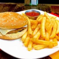 Kids Cheeseburger · Beef patty and cheese burger. Plate includes rice and beans or fries.