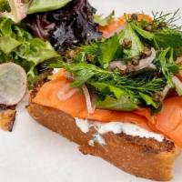 Salmon Toast · Smoked salmon, creme fraiche, dill, sieved egg, fried country bread