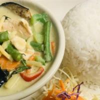 Green Curry (Over Rice) · Green curry with bamboo shoots, string beans, bell peppers, carrots, jalapeño, eggplant and ...