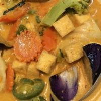 Red Curry (A La Carte) · Red curry with bamboo shoots, string beans, bell, peppers, carrots, jalapeño, eggplant and f...