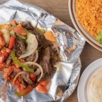 Sizzling Fajitas · Marinated strips of beef or chicken, peppers, onion, & tomato. fajitas come with rice, beans...