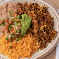 Chorizo & Eggs · Rice, beans, pico de gallo, guacamole & tortillas.