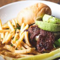 Grass-Fed Burger · California-grown grass-fed beef, pepper jack, beer-brined bacon, avocado, LTO, chili aoili.