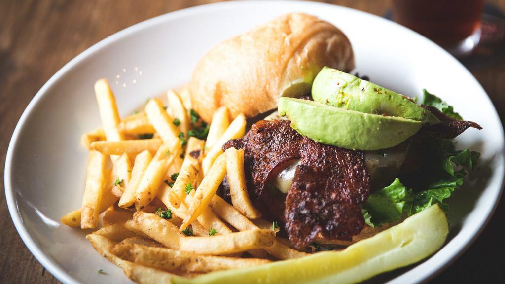 Grass-Fed Burger · California-grown grass-fed beef, pepper jack, beer-brined bacon, avocado, LTO, chili aoili.