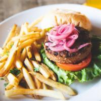 Beyond Burger · Grilled GMO-free, no soy, gluten-free, plant-based Beyond Meat patty, pickled onions, cilant...