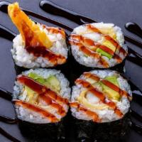(F045) Shrimp Tempura Roll · Four pieces. Shrimp tempura, avocado and cucumber roll. Topped with eel sauce.