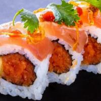 (A002) Yuzu Albacore Roll · Spicy. Five pieces. Spicy tuna and cucumber roll. Topped with Sriracha, cilantro, fried onio...