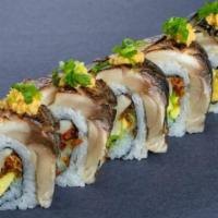 (A202) Aburi Shimesaba Roll · Five pieces. Japanese Mackerel, fried onion, avocado, and ginger roll topped with Seared Jap...
