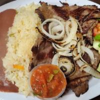 Carne Asada · Tender marinated new York strip served with rice, fried beans, small salad, Pico de gallo an...