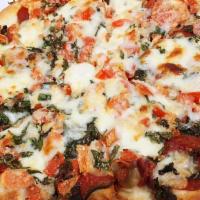 Margherita Pizza · Mozzarella, Roma tomatoes, basil, fresh garlic and oregano.