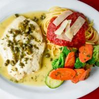 Chicken Piccata · Chicken breast sauteed in a delicious lemon, caper, butter and parsley sauce.