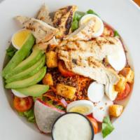 Grilled Chicken Chop · Grilled chicken, romaine lettuce, hard boiled eggs, bacon,
carrots, red onion, avocado, radi...