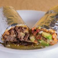 Grill Burrito · Flour tortilla, rice, beans, cheese, choice of meat, pico de gallo, guacamole, sour cream, a...