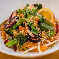 Nrrvana Lemon Salad · Grilled soy beef w/ carrots, cabbage, onions, mixed herb slaw, crushed peanuts, sesame seeds...