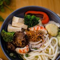 Love Of Life Soup · Japanese Udon Noodles w/ Soy Shrimp, Tofu, Shiitake Mushrooms, Seasonal Mixed Vegetables,  S...