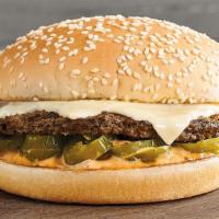 The Barn Burner® · Spicy. 100% USDA fire-grilled pure beef,  spicy jalapenos, pepper jack cheese, and a fiery f...