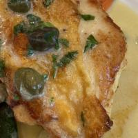 Airline Chicken Piccata · Tender juicy chicken breast, roasted garlic mash, chefs veggies, lemon caper sauce