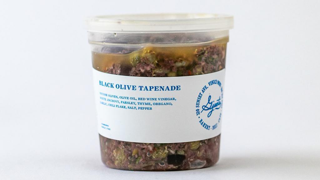 Black Olive Tapenade · Nicoise olives, olive oil, red wine vinegar, white anchovy, parsley, thyme, oregano, garlic, chili flake, salt, pepper.
