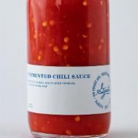 Fermented Chili Hot Sauce · Fresno chili, garlic, sugar, salt, white wine vinegar. Fermented 1 week.