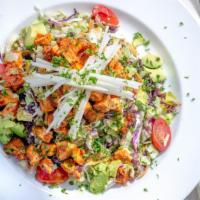 Bbq Chicken & Tofu Salad · Romaine, shredded cabbage, chopped tomatoes, jicama, roasted corn, black beans, mozzarella, ...