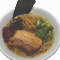Tonkotsu Shoyu Ramen · Pork bone broth shoyu base garlic paste thick noodle. topped with pork chashu green onion be...