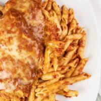 Chicken Parmigiana · Served with your choice of pasta or salad.