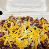 Pastrami Chili Cheesy Fries · Fries topped with cheddar cheese sauce, chili, pastrami, sprinkled with shredded Monterey Ja...