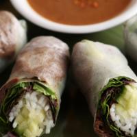 Spring Rolls (3 Pcs) · Soy teriyaki beef, cucumber, lettuce, and rice noodles wrapped in thin rice paper. Served wi...