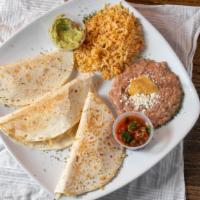 Quesadilla · Oversized flour tortilla with melted cheese and choice of meat.