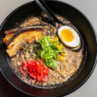Black Ramen · Roasted black garlic flavor with pork broth, green onion, egg, bean sprout, sweet corn, and ...