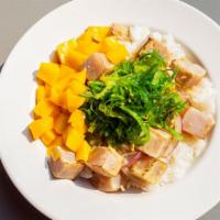 Mango Albacore · Five oz fish. Citrus ponzu sauce, mango, peanuts, red onion, and seaweed salad.